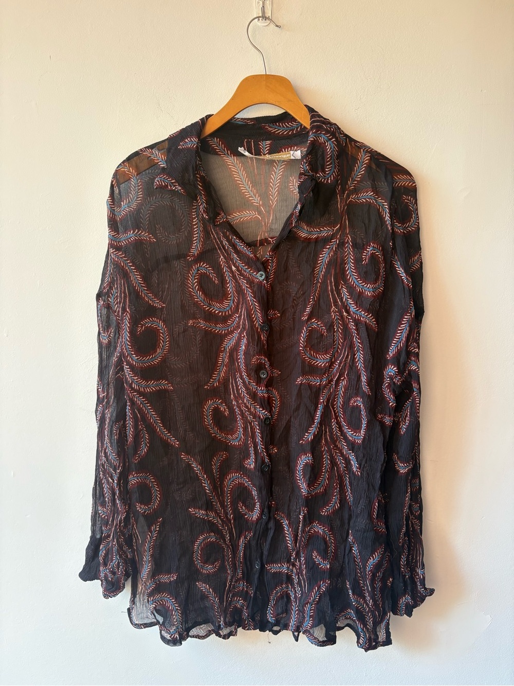 Natalie Martin Black Vine Print Sheer Button Front Blouse Size M